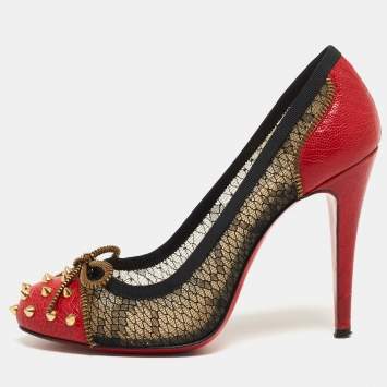 Pre Owned Christian Louboutin Black/Red Lace and Ostrich Leather Candy Spike Round Toe Pumps Size 38