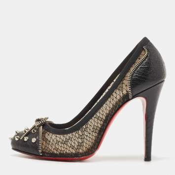 Pre Owned Christian Louboutin Black Leather and Lace Candy Spiked Pumps Size 38