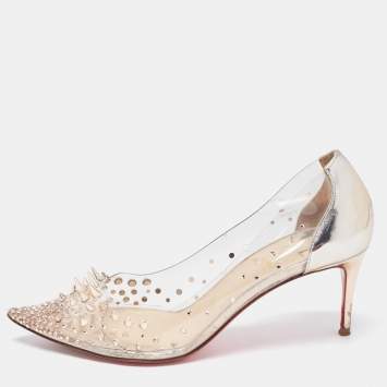 Pre Owned Christian Louboutin Metallic Leather and PVC Grotika Spiked Pumps Size 38