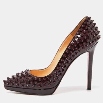 Pre Owned Christian Louboutin Burgundy Patent Leather Pigalle Spikes Pumps Size 37
