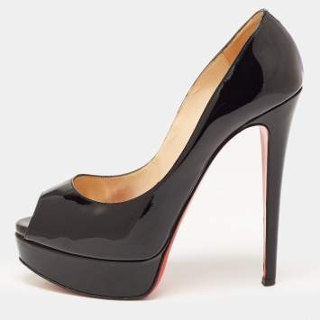 Pre Owned Christian Louboutin Black Patent Leather Lady Peep Pumps Size 36.5