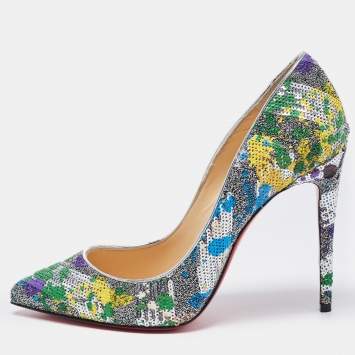 Pre Owned Christian Louboutin Multicolor Sequins and Brocade Fabric Pigalle Follies Pointed Toe Pumps Size 38