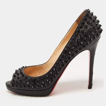 Pre Owned Christian Louboutin Black Leather Yolanda Spikes Pumps Size 37.5