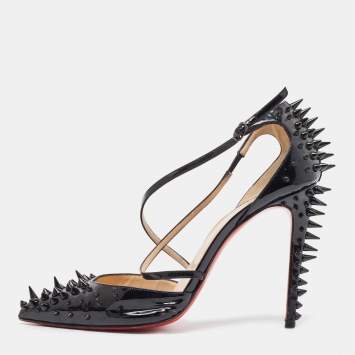 Pre Owned Christian Louboutin Black Patent Leather Goldocross Spike Pumps Size 40