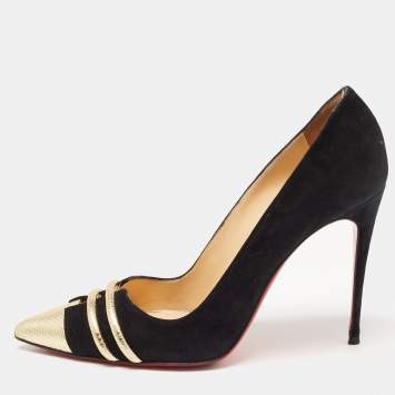 Pre Owned Christian Louboutin Black/Gold Suede and Leather Front Double Pumps Size 38.5