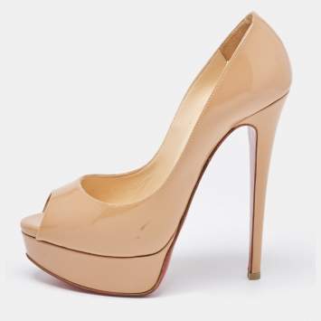 Pre Owned Christian Louboutin Beige Patent Leather Lady Peep Platform Pumps Size 36.5