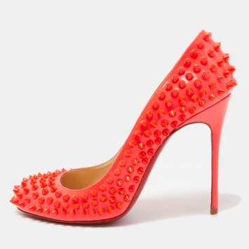 Pre Owned Christian Louboutin Neon Orange Patent Leather Fifi Spikes Pumps Size 39