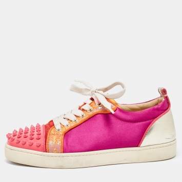 Pre Owned Christian Louboutin Multicolor Satin And Leather Spikes Low Top Sneakers Size 38.5