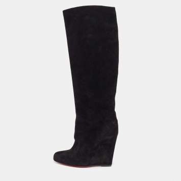 Pre Owned Christian Louboutin Black Suede Melissa Botta Wedge Knee Boots Size 37.5