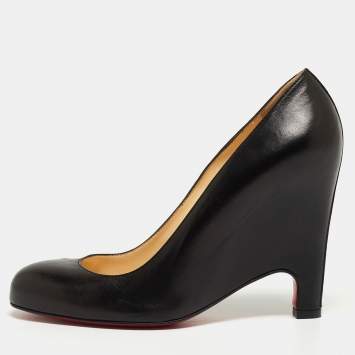 Pre Owned Christian Louboutin Black Leather Simple  Wedge Pumps Size 38.5