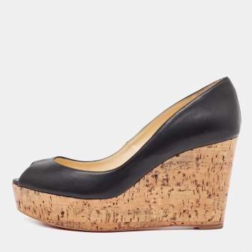 Pre Owned Christian Louboutin Black Leather Wedge Pumps Size 38.5