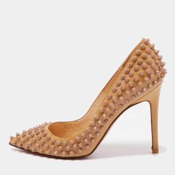 Pre Owned Christian Louboutin Beige Patent Leather Pigalle Spikes Pumps Size 37