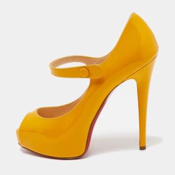 Pre Owned Christian Louboutin Orange Patent Leather Jane Vendome Pumps Size 38.5