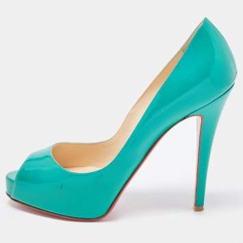 Pre Owned Christian Louboutin Green Patent Leather Lady Peep Pumps Size 36.5
