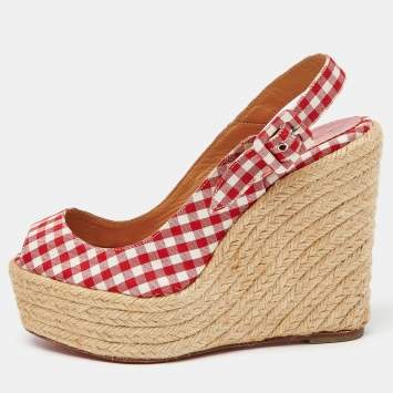 Pre Owned Christian Louboutin Red/White Gingham Fabric Menorca Espadrille Wedge Pumps Size 37