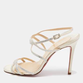 Pre Owned Christian Louboutin Cream Satin Crystal Embellished Ankle Strap Sandals Size 37