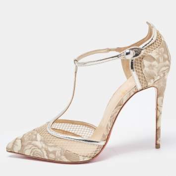Pre Owned Christian Louboutin Beige Patent and Mesh Mrs.Early  Pumps Size 38.5