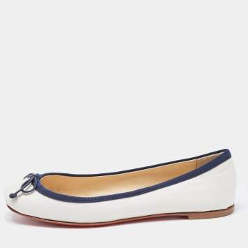 Pre Owned Christian Louboutin White/Blue Canvas Ballet Flats Size 37