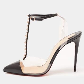 Pre Owned Christian Louboutin Black Leather and PVC Nosy Spikes Sandals Size 38.5