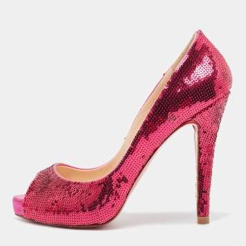 Pre Owned Christian Louboutin Pink Sequin Very Prive Pumps Size 37