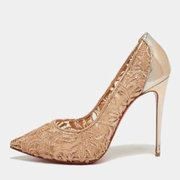 Pre Owned Christian Louboutin Rose Gold Lace and Mesh Follies Pumps Size 39