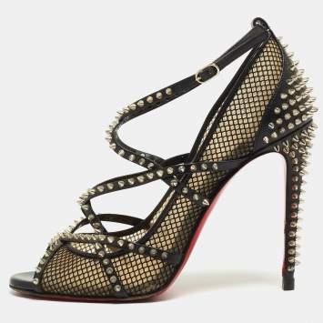 Pre Owned Christian Louboutin Black Leather and Mesh Spike Pumps Size 37