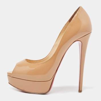 Pre Owned Christian Louboutin Beige Patent Leather Lady Peep Pumps Size 37.5 