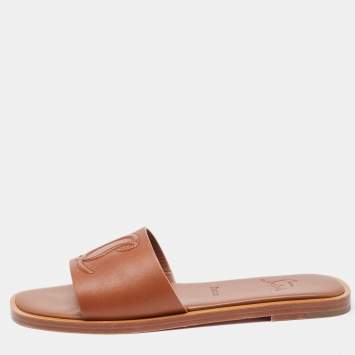 Pre Owned Christian Louboutin Brown Leather CL Flat Slides Size 38