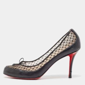 Pre Owned Christian Louboutin Black Leather And Lace Bow Pumps Size 40.5
