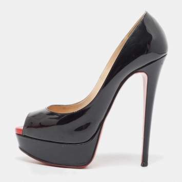 Pre Owned Christian Louboutin Black Patent Leather Lady Peep Pumps Size 35