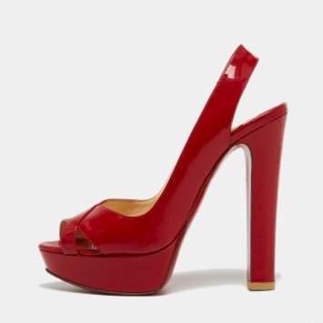 Pre Owned Christian Louboutin Red Patent Leather Marpoil Peep Toe Platform Slingback Sandals Size 37.5