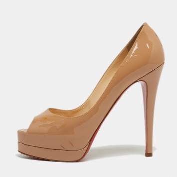 Pre Owned Christian Louboutin Beige Patent Leather Palais Royal Peep Toe Platform Pumps Size 38.5