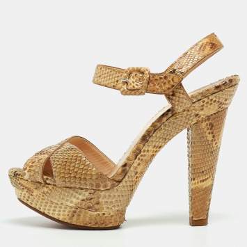 Pre Owned Christian Louboutin Beige Python Leather  Ankle Strap Sandals Size 35
