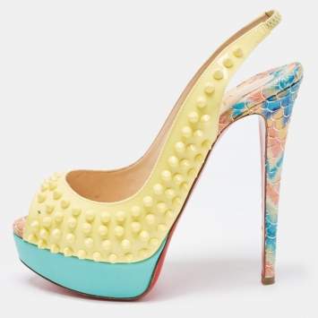 Pre Owned Christian Louboutin Yellow Patent Leather Lady Peep Spike Slingback Pumps Size 37.5