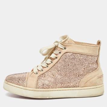 Pre Owned Christian Louboutin Beige Suede Embellished High Top Sneakers Size 37.5