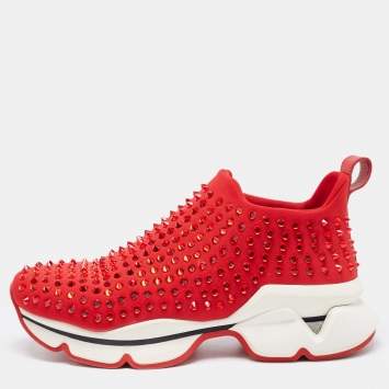 Pre Owned Christian Louboutin Red Neoprene Spike Sock Sneakers Size 38.5