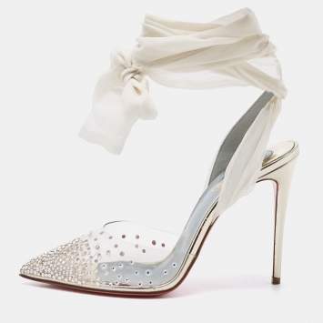 Pre Owned Christian Louboutin Transparent PVC Spikaqueen Ankle Wrap Pumps Size 37.5