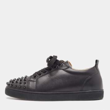 Pre Owned Christian Louboutin Black Leather Louis Junior Spikes Sneakers Size 37
