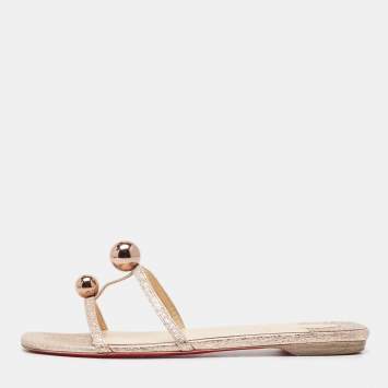 Pre Owned Christian Louboutin Metallic Rose Leather Atonetta Ornament Flat Slides Size 38 