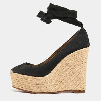 Pre Owned Christian Louboutin Black Canvas Formentera Espadrille Wedge Sandals Size 36