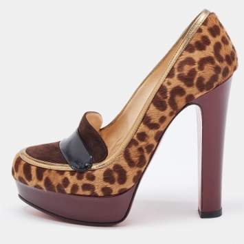 Pre Owned Christian Louboutin Tricolor Animal Print Calf Hair and Suede Platform Loafer Pumps Size 36