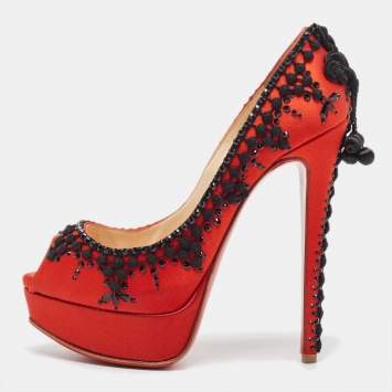 Pre Owned Christian Louboutin Red/Black Satin Torero Peep Toe Platform Pumps Size 36