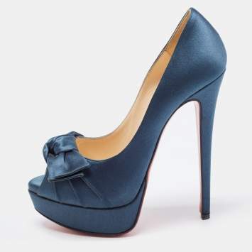 Pre Owned Christian Louboutin Teal Satin Madame Butterfly Pumps Size 37