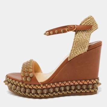 Pre Owned Christian Louboutin Brown Leather Cordorella Wedge Sandals Size 37