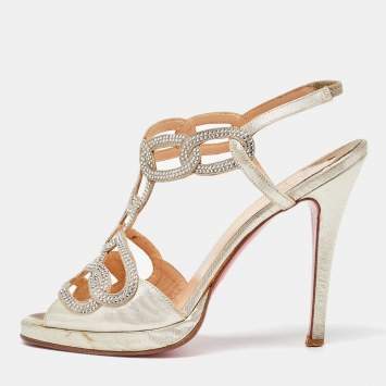 Pre Owned Christian Louboutin Gold Lurex Fabric Crystal Embellished Ankle Strap Sandals Size 38