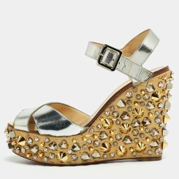 Pre Owned Christian Louboutin Silver Leather Almeria Wedge Sandals Size 37
