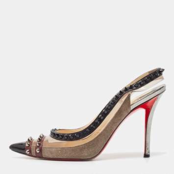 Pre Owned Christian Louboutin Tricolor Leather and PVC Spiked Slingback Pumps Size 37