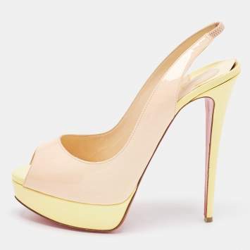 Pre Owned Christian Louboutin Beige/Yellow Patent Leather Lady Peep Slingback Pumps Size 40