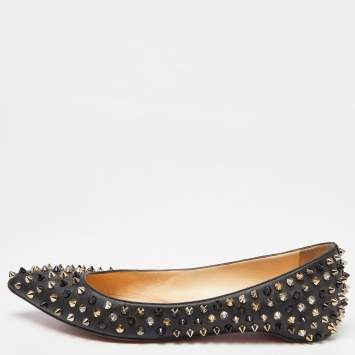 Pre Owned Christian Louboutin Black Patent Leather Pigalle Spikes Ballet Flats Size 39.5
