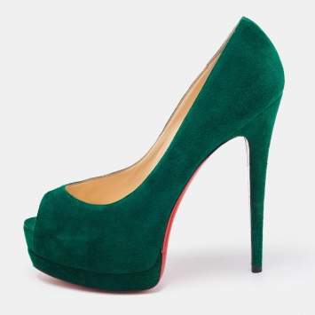Pre Owned Christian Louboutin Green Suede Palais Royal Peep Toe Pumps Size 39.5